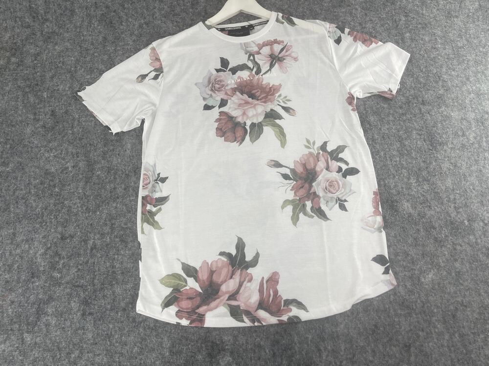 CRIMINAL DAMAGE Shirt Mens Small Tee Floral White Hawaiian Crew Neck N145